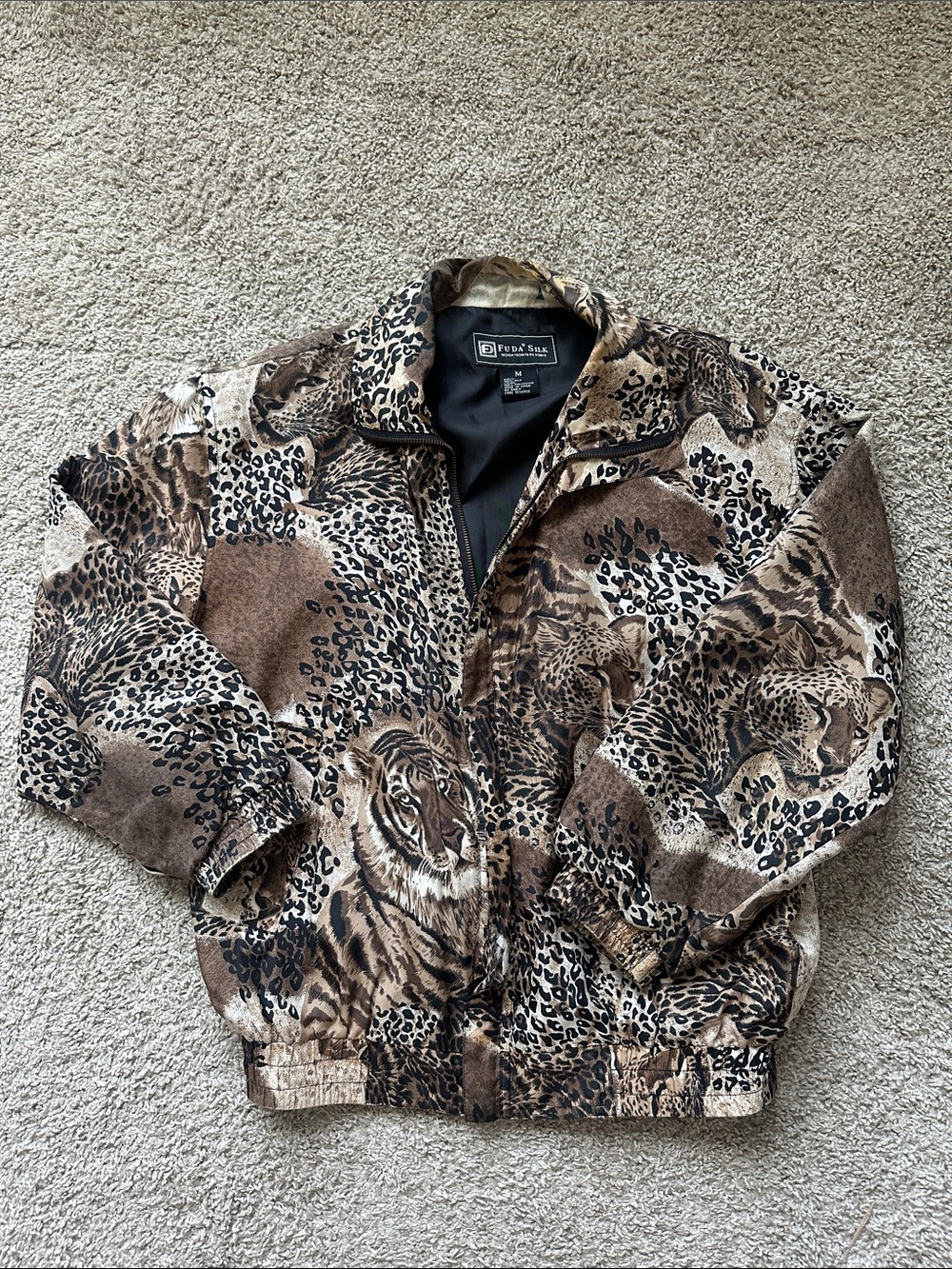 Edna Silk Tiger & Leopard Print Bomber Jacket - Brown